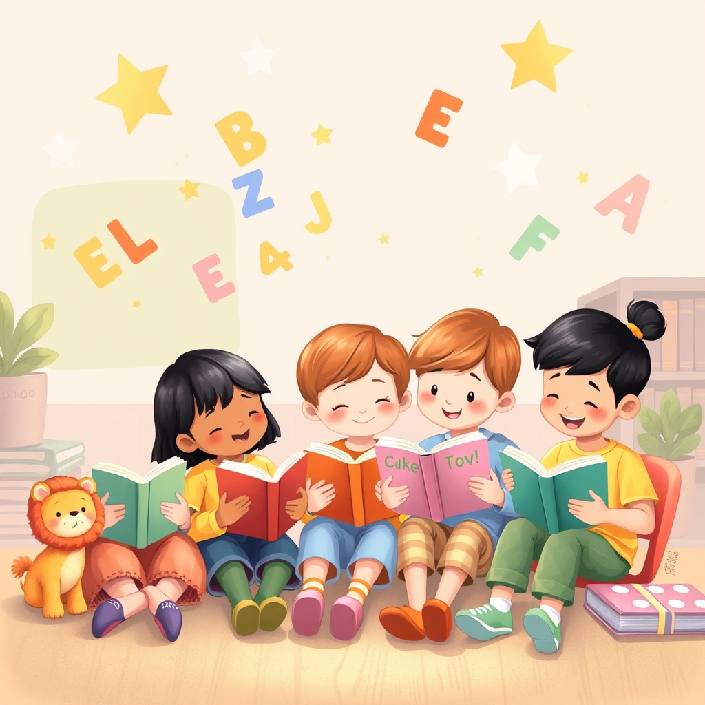 Children reading in a cozy storybook learning space