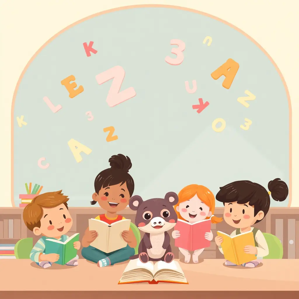 Warm classroom illustration with children, books, letters and numbers
