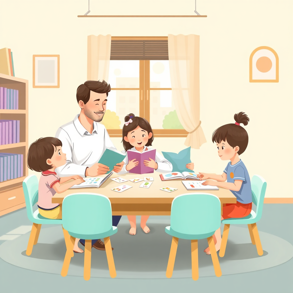 Warm classroom scene with parent, teacher, and children learning together