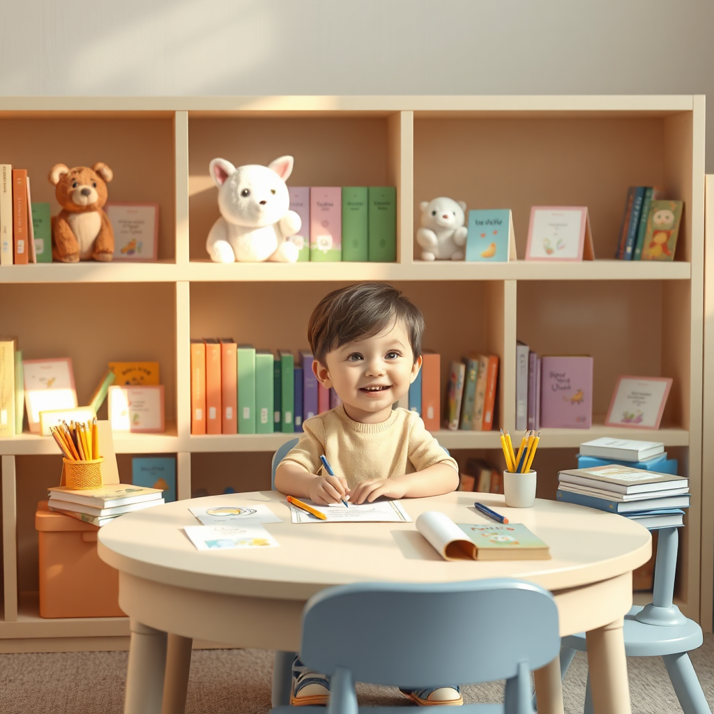 A warm library scene with a child reading and learning materials