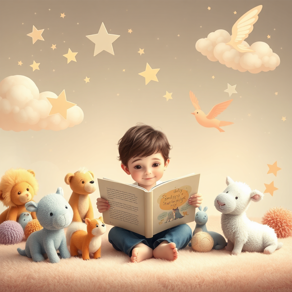 Warm illustration of a child reading with friendly animals